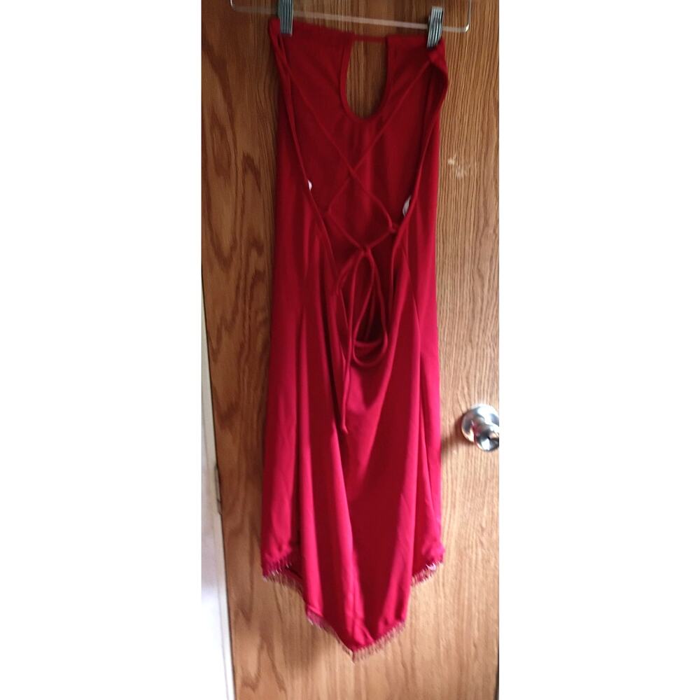 Vintage Y2K Red Keyhole Halter Dress Small Open Back Beaded Handkerchief Hem - Picture 6 of 13